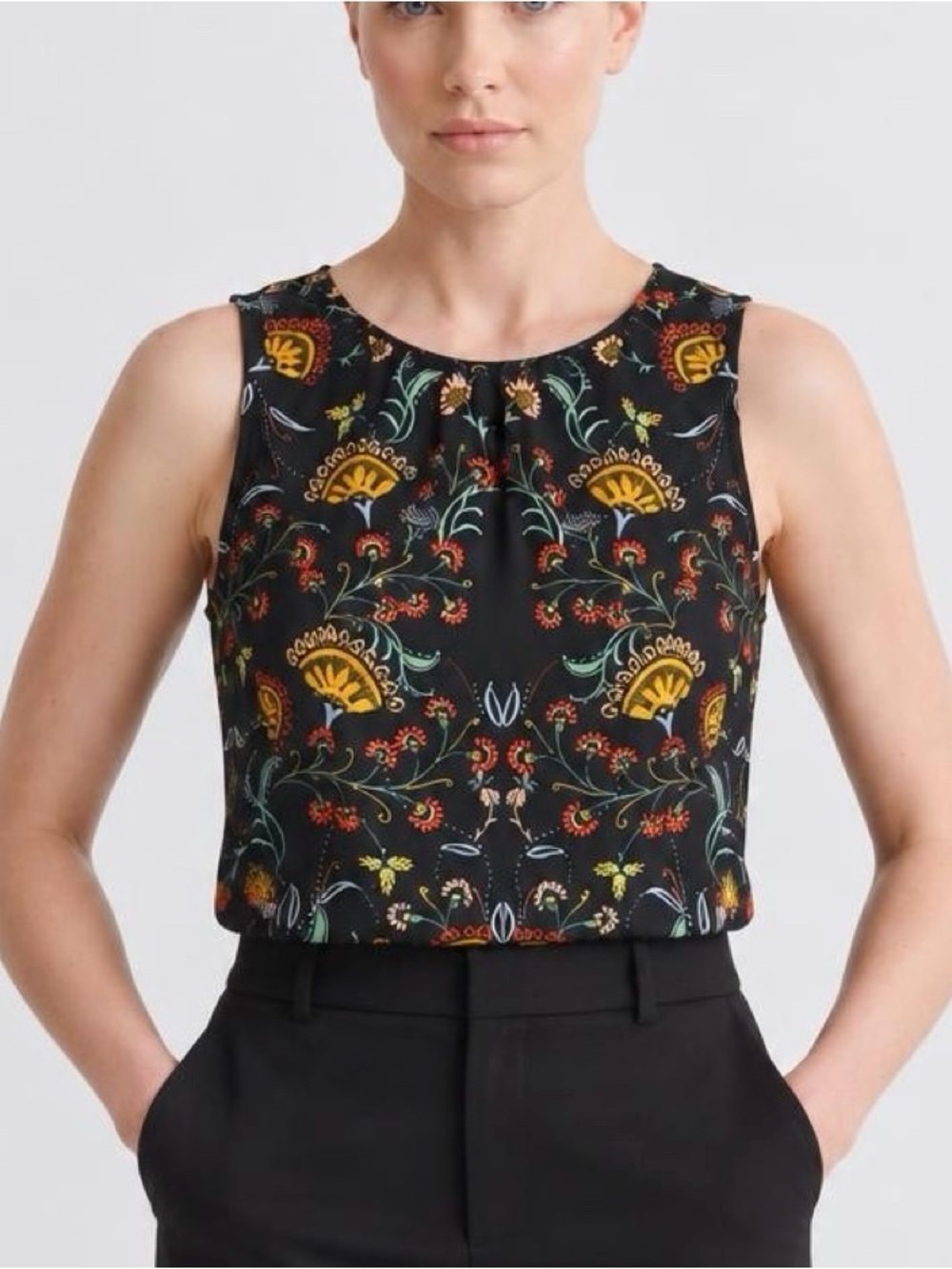 Cabi Tudor Floral Chiffon Sleeveless Blouse Tie Back S